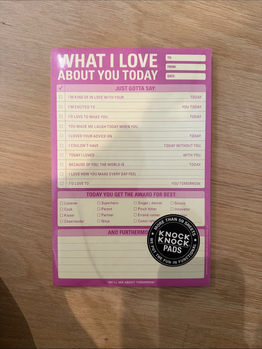 Knock Knock Pink "What I Love About You Today" Prompt Notepad